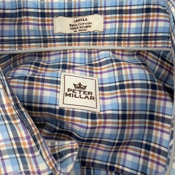 Peter Millar Mens Small Plaid Button-Up Shirt Blue Purple 100% Cotton Long Sleev - Picture 5 of 7